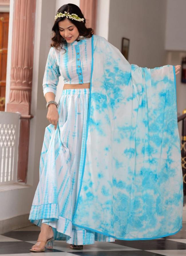 Cotton Sky Blue Festival Wear Printed Ready To Wear Lehenga Choli